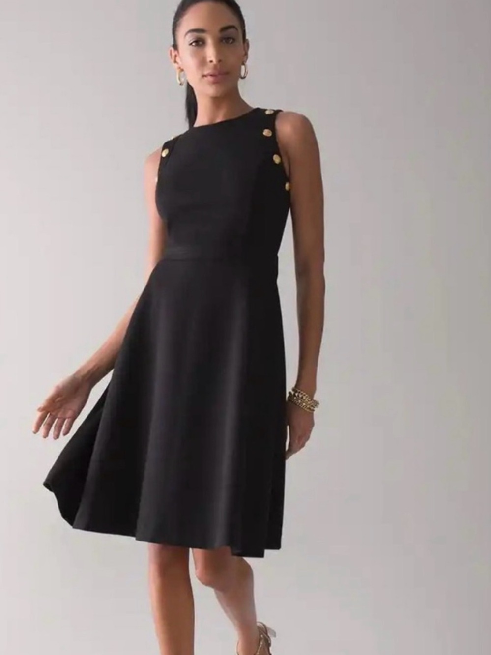 WHBM Sleeveless Scuba Black A-Line Dress with Gold Button Detail